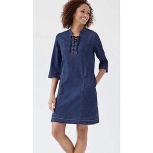 J Jill Denim Chambray Lace Up Raw Hem Shift A-Line Dress Pockets Blue Sz S Tall